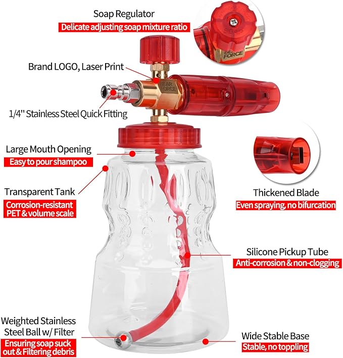 BEAR FORCE Pressure Washer Brass Foam & Foam Cannon Dual-Connector Accessory with 1/4” Quick Connector & 1.25mm & 1.10mm Orifice Nozzle, 360° Adjustable Thicker Snow Foam with 32 oz Soap Car Wash