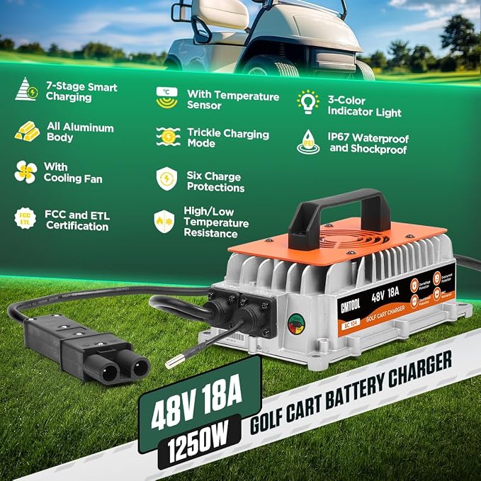 CMTOOL 48V 18AMP Golf Cart Battery Charger for Yamaha G19 G22, Smart Automatic Trickle Charger, 2-Pin Plug, IP67 Waterproof, for 48V Lead Acid Batteries G19-G22