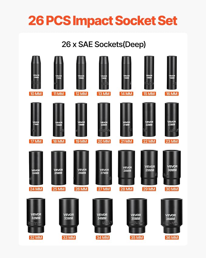 VEVOR Impact Socket Set, 1/2" Drive, 26-Piece Impact Sockets, 6-Point Sockets, Metric 10-30 mm, 32-36 mm, Easy to Identify, with a Sturdy Storage Case, Cr-V Alloy Steel Structure, for Vehicles Repair
