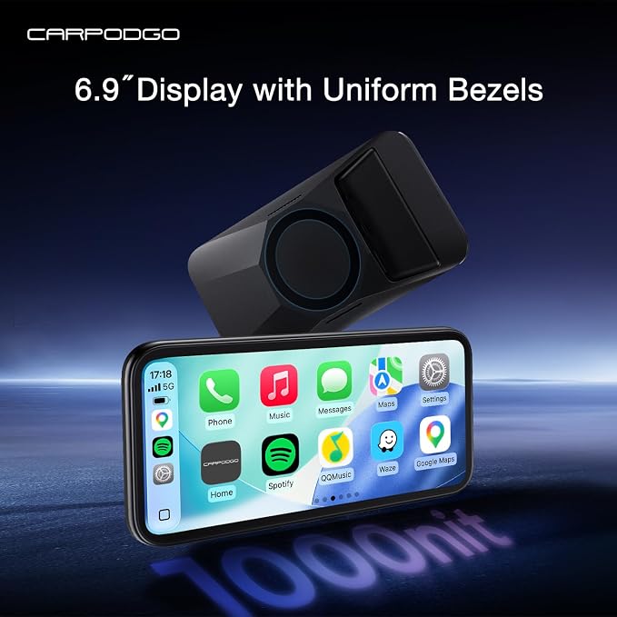 CarpodGo Mini 6.9″ CarPlay Screen for Car,Equal-Bezel Rounded Display,1000-nit Brightness,Portable 60fps Wireless Apple Carplay,Compatible with MagSafe Magnetic Mounts,Display-Only BT Mode