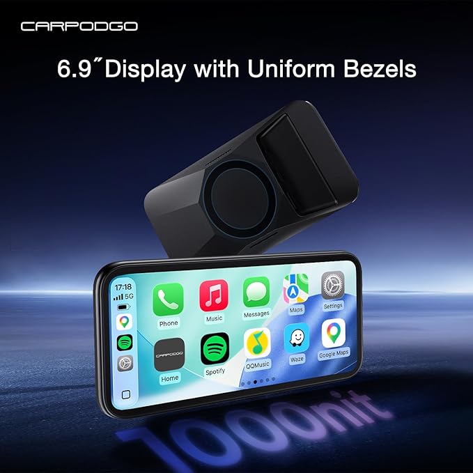 CarpodGo Mini 6.9″ CarPlay Screen for Car,Equal-Bezel Rounded Display,1000-nit Brightness,Portable 60fps Wireless Apple Carplay,Display-Only BT Mode,Compatible with MagSafe Magnetic Mounts