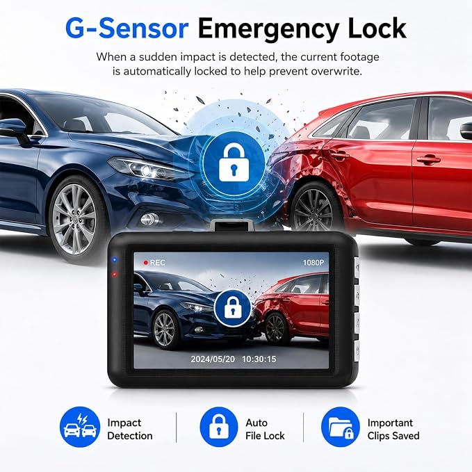 3-inch 1080p High-Definition Dash cam for Cars, 24 Hour Recording, 170° Large Wide-Angle,Super Night Vision, G-Sensor Parking Monitoring Loop Video Motion Detection