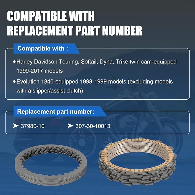 19pcs Twin Cam Extra Plate Friction Steel Clutch Kit Compatible with Harley Davidson Touring, Softail, Dyna, Trike twin cam models 99-17,Evolution 1340 models 98-99 Replace#37980-10