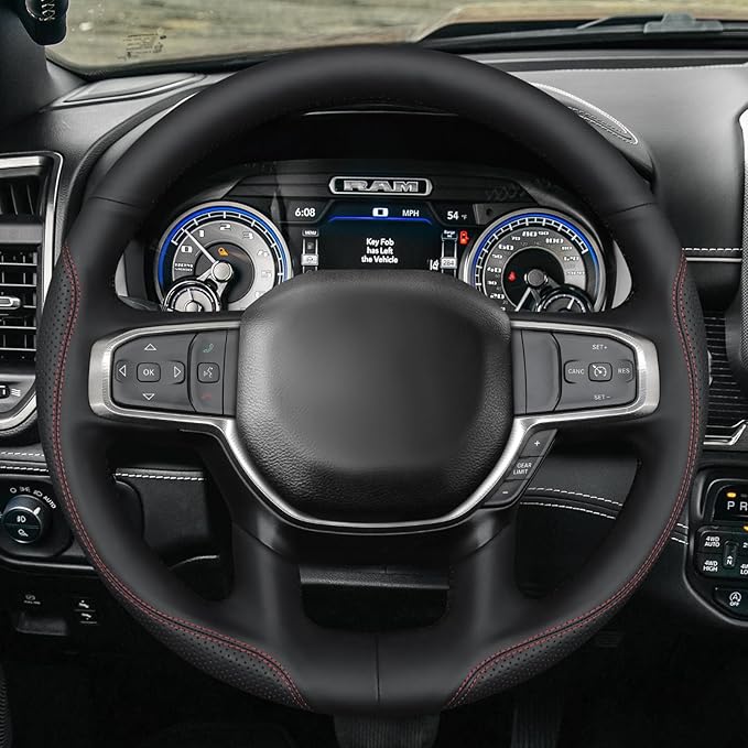 MEWANT Hand-Stitched Steering Wheel Cover Wrap for Dodge Ram 1500 2019-2023 Steering Wheel Accessories for Dodge Ram(Backsides Without Buttons)
