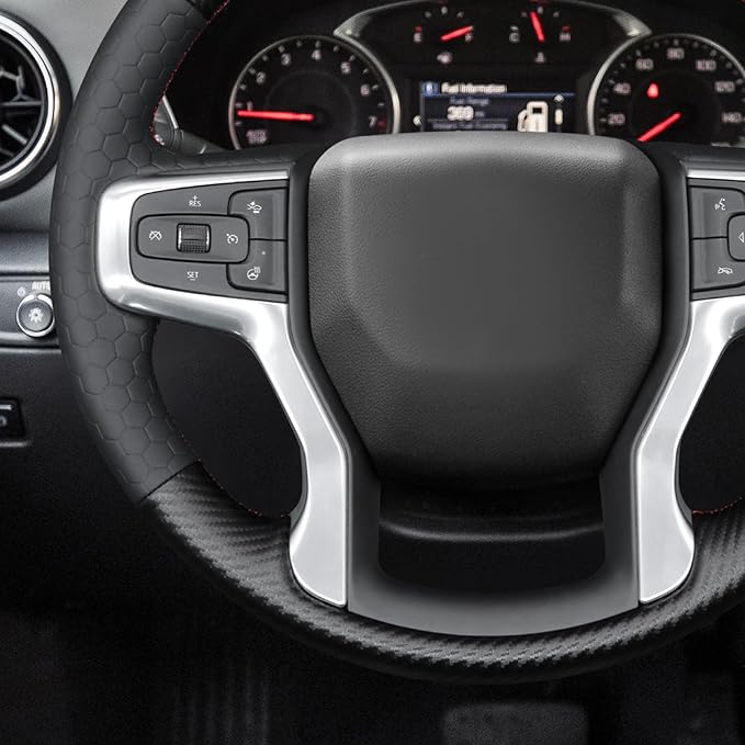 MEWANT DIY Embossed Faux Leather PU Carbon Fiber Steering Wheel Cover for Chevy Silverado 1500 Blazer Suburban Tahoe