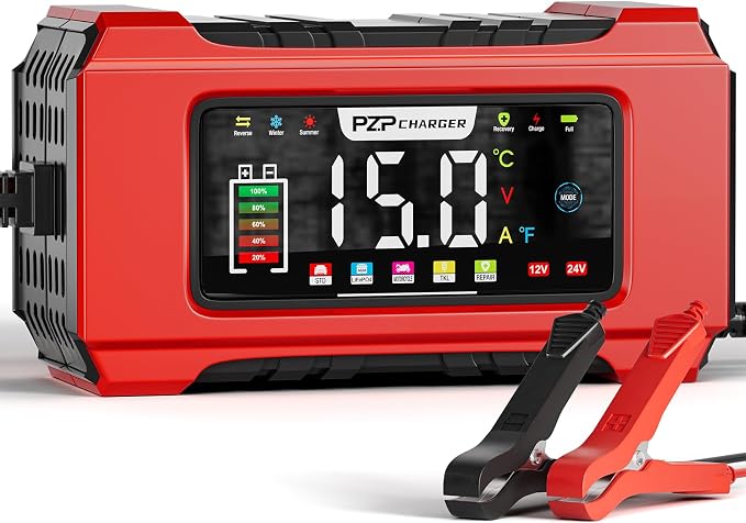 PZP 15-Amp 12V/24V Smart Battery Charger, Maintainer & Trickle Charger for LiFePO4, Lead Acid Batteries - Fully Automatic 9-Stage Charging w/Temp Compensation for Motorcycle Car Truck Lawnmower Boat