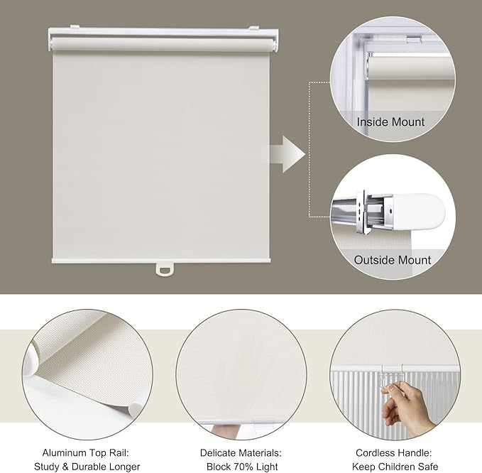 AOSKY Cordless Roller Shades for Windows Light Filtering Shades with 5% Openness Solar Screen Semi Sheer Roller Blinds UV Protection for Office and Home. Easy to Install 34" W x 72" H (White)