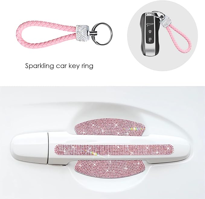 Guoord 33-Piece Bling Car Accessories Set for Women - Rhinestone Steering Wheel Cover, Diamond Door Stickers, Auto Hooks, Vent Outlet Trim, Tire Valve Stem Caps, and Cup Holders (Pink)