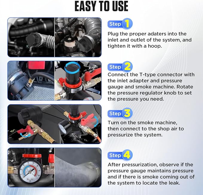 Turbo Boost Leak Tester Kit 19PC Boost Leak Test Kit w/S.moke Adpt Turbo System Pressure Leakage Tester 8 Pairs of Stepped Adapters 1-1/5" to 4-8/25" Turbo Test Kit for Radiator Cooling Emission Pipes