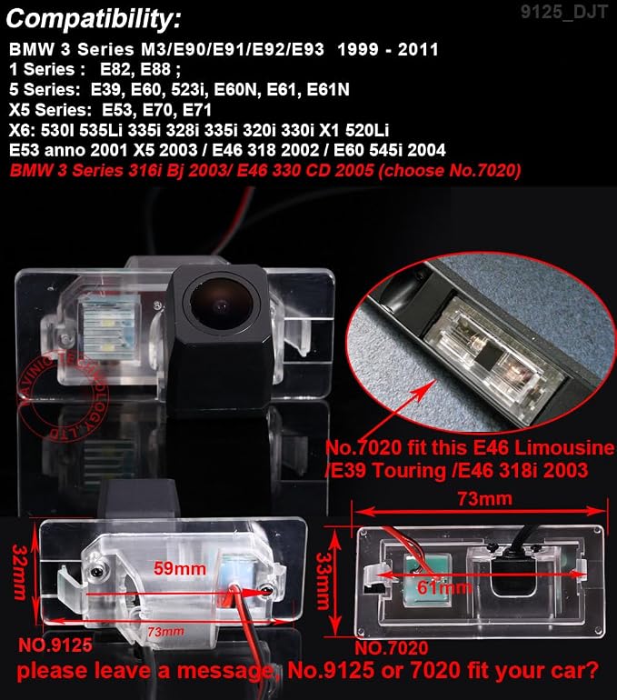 Car Backup Camera Replacement for BMW 1 3 5 -er M3 E90 E91 E92 E93 E82 E88 E39 E60 523i E60N E61 E61N E53 E70 E71 530i 535Li 335i 328i 335i 320i 330i X1 520Li E53 X5 E46 318 E60 545i 316i Bj E46 330