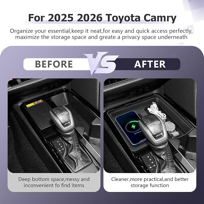 LUWU 2025 2026 Camry Wireless Charging Center Console Organizer for 2025 2026 Toyota Camry Accessories Armrest Console Storage Box Armrest Organizer Insert Tray Glove Organizer Tray ABS Material