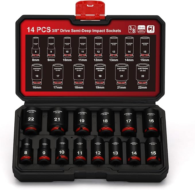 3/8 in. Drive Semi-Deep Impact Sockets Set, Mid-Length Socket Set, Metric, 8 to 22 mm, 14-Piece, CR-MO, Stamped and Ink Filled Size Marking