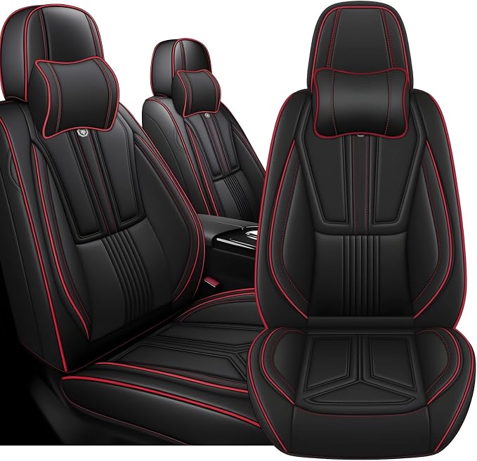 Arazi Fit for 90% of Mercedes-Benz Seat Covers, 360° Full Wrap Original Seat Cover, Waterproof Nappa Leather Seat Covers with Big Space Storage Pocket Seat Protector（2 Seats Luxury, Black&Red Line）