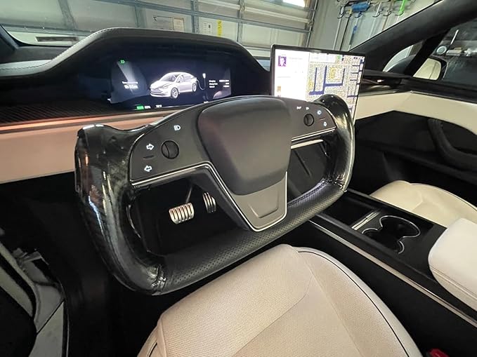 MEWANT Hand Stitch Black Genuine Leather Shiny PU Carbon Fiber Steering Wheel Cover Wrap for Tesla Model S Yoke Model X