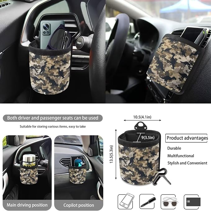 Dinosaur Camo Print 10 Pcs Car Seat Covers Full Sets Scratch-Resistant Car Seat Protector + Steering Wheel Cover + Auto Air Vent Storage Bag + Trash Can + Coaster + Keychain