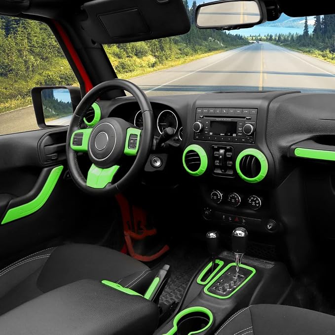 CheroCar 18PCS Interior Trim Kit for Jeep Wrangler JK JKU 2011-2018 4 Door,Steering Button Frame, Air Conditioning Vent Trim Cup Holder Cover,Gear Shift Knobs Frame,Light Green…
