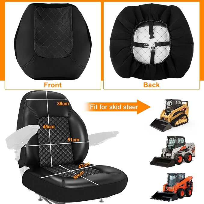 Industrial Vehicle Seat Cover for Skid Steer, Heavy Duty Leather Seat Cover, Compatible with John Deere, Caterpillar, Kubota, Bobcat, New Holland, Black