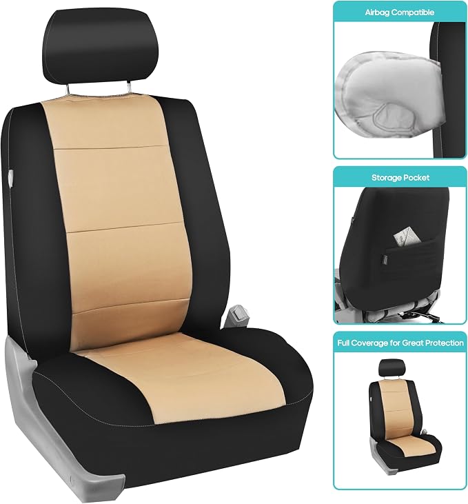 FH Group Waterproof Neoprene Car Seat Covers Front Set – Universal Fit Front Seat Cover with Storage Pockets, Airbag Compatible Automotive Seat Covers for Cars, SUVs & Vans, Beige