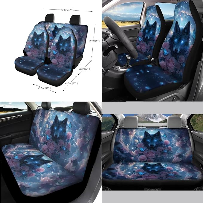 Universal Automotive Seat Covers & Accessories Full Set Wolf Rose Butterfly Print Car Front and Rear Seat Covers Steering Wheel Cover Armrest Cushion Safety Belt Pads Cup Cushions