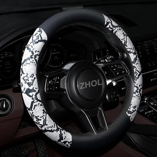 ZHOL Snake Skin Steering Wheel Cover, Universal 14.5-15 inch Breathable Microfiber Leather Anti-Slip Car Steering Wheel Protector for Women Men, Black&White