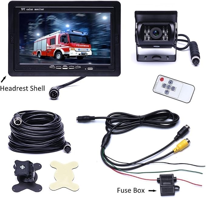 Camecho Vehicle Backup Camera 7" Monitor,18 IR Night Vision Rear View Camera Without Guide Line IP 68 Waterproof, 4 Pins Aviation Extension Cable for 33FT Length RVs, Bus, Trailer,Truck