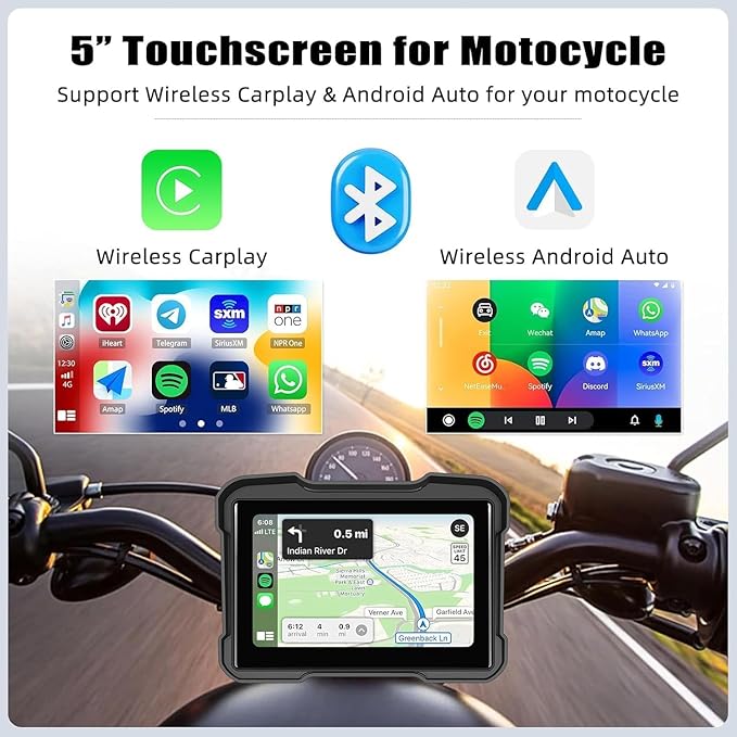 CAMECHO Portable Car Play Screen for Motorcycle, Wireless CarPlay & Android Auto for Motorbike, 5" IP68 Waterproof Touch Screen Motorcycle GPS Navigation System,Bluetooth, Support Siri USB TF EQ 12V
