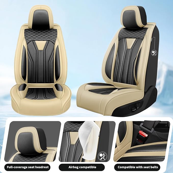 Fit CRV CR-V Car Seat Covers Premium Leather for Honda CRV CR-V 2013-2025 2026. Waterproof， Anti-Slip, Scratch-Resistant & All-Weather Seat Cushion Protector (2 Front Seat, Beige&Black)