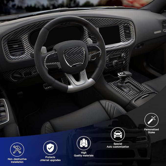 Real Carbon Fiber Interior Trim Kit Compatible with Dodge Charger 2015–2023, Interior Decor Sticker Accessories