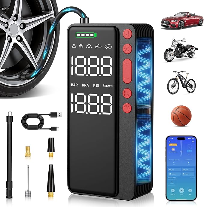 MATULSA Tire Inflator Portable Air Compressor, Smart APP Control Air Pump for Car Tires, 10000mAh, 4X Faster 150PSI Bike Pump with All-in-One Storage, LED Light & Auto Shut-Off for Motorcycles, Balls