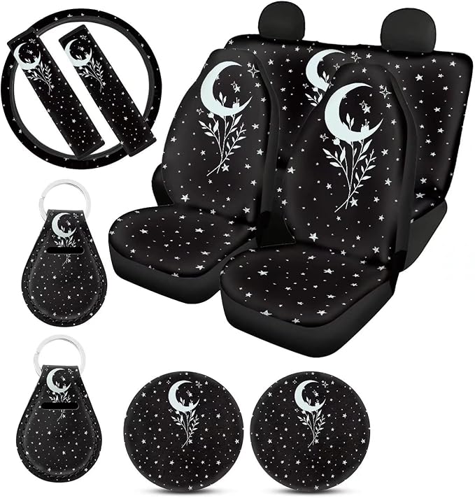 Xoenoiee 11 Pcs Crescent Moon Stars Design Car Accessories Seat Cover Full Set for Women, Steering Wheel Cover, Front & Rear Seat Cover, Seat Belt Pads, Cup Coaster, Key Chains - Universal