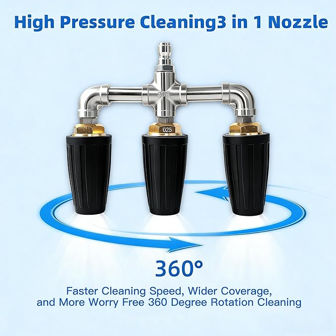 Triple Turbo Nozzle Pressure Washer, Triple Pressure Washer Nozzle, 360° Rotating 4000 PSI Turbo Nozzle with 1/4" Quick Connector 2.0 Orifice, 304 Stainless Steel for Driveway/Deck Clean(Black)