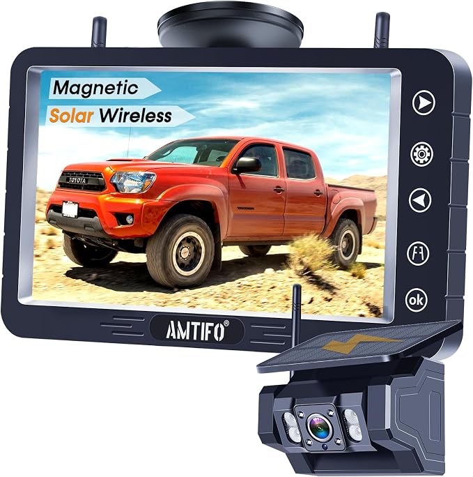 Magnetic Solar Wireless Backup Camera - No-Drill Installation, Scratch-Proof, No Delay 5-Inch HD1080P Screen, Long Battery Life, Night Vision, Anti-Interference 2.4GHz Signal for Trucks