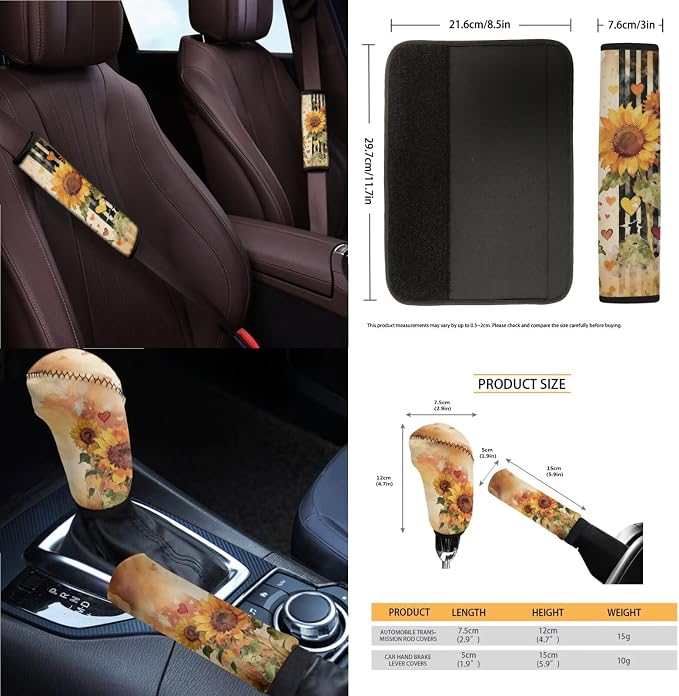 Sunflower Print Full Set Car Seat Covers with Accessories Includes Steering Wheel Cover Center Console Pad Safety Belt Pads Inside Rearview Mirror Cover Garbage Bag Coasters