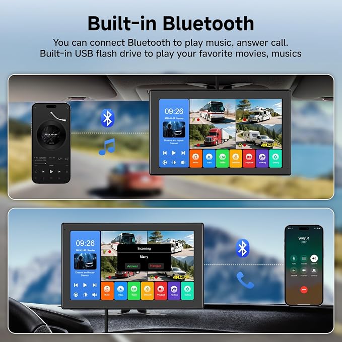 10.1 Inch 4K Touch Screen Wired RV Backup Camera System | 1080P IP69 Waterproof Camera, 4CH DVR Loop Recording & Bluetooth. For Semi Truck, Trailer, Camper, Pickup, Bus, RV