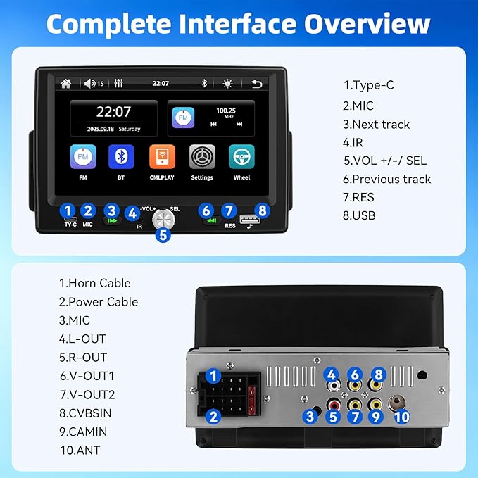 7 Inch Single Din HD Touchscreen Car Stereo CarPlay Android Auto, 1 Din Android Car Stereo with Bluetooth 5.0, Mirror Link, FM, Steering Wheel Control, EQ, USB/Type-C, Supports Reversing Camera
