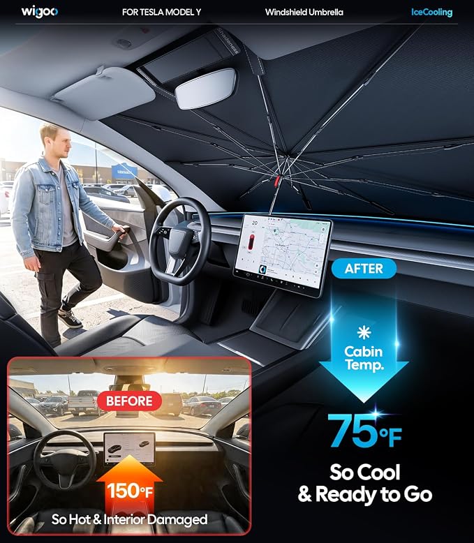 Wigoo Windshield Sun Shade Umbrella for Tesla Model Y [100% Sun Blockage, Ice Cooling Fabric] Foldable Heat Insulation Front Window Sunshade Umbrella for Tesla Model Y 2020–2026 (Juniper)