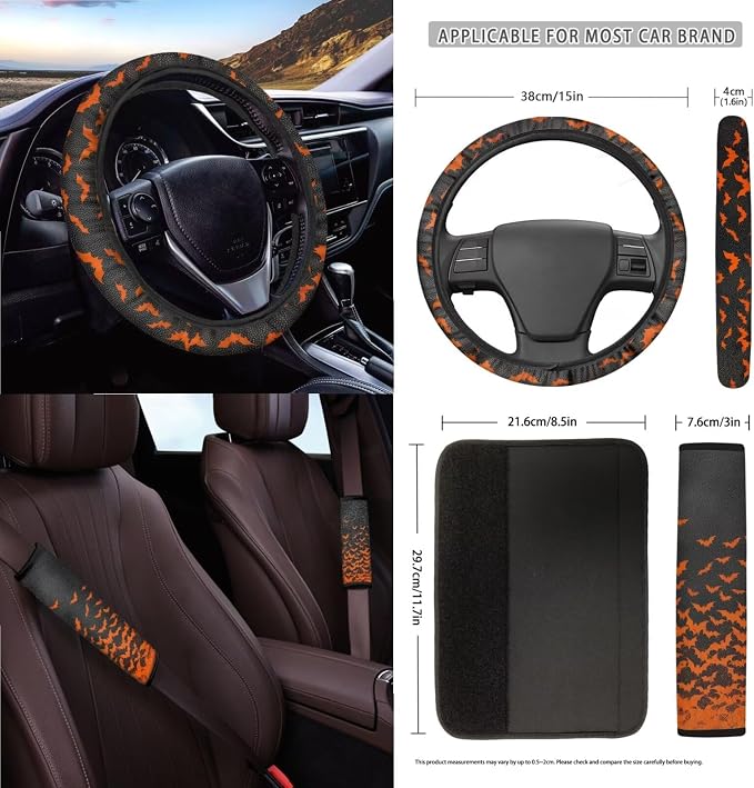 Car Seat Cover Sets Car Steering Wheel Cover Seat Belt Cover Trash Bin Air Vent Storage Box Front Rear View Mirror Car Cup Holder Keychain 15Pcs Car Accessories, Spooky Bats