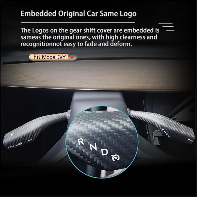 Fit Tesla Model 3 Y Carbon Fiber Steering Wheel Column Gear Shift Cover Real 3K240G Gear Lever Wrap Decoration Interior Accessories 2Pcs (Matte Carbon Fiber)