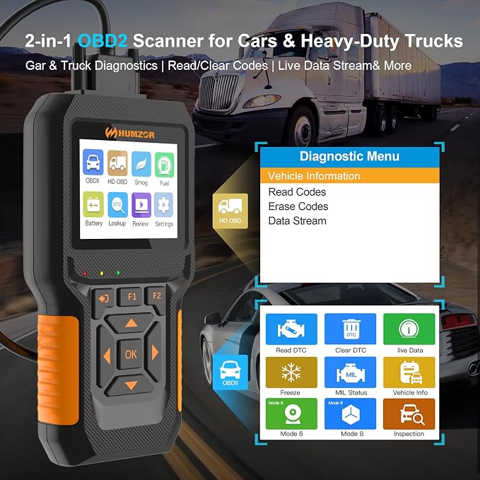Heavy Duty Truck Scanner NC601, Diesel Diagnostic Scan Tool & Code Reader for Cummins, Freightliner, Detroit, Volvo, Paccar, 2 in 1 Truck & Car Engine Code Reader/OBD2 Scanner