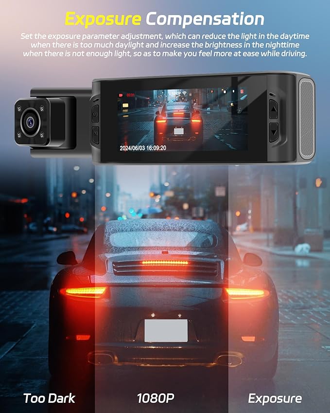 3 Channel Mirror Dash Cam 1080P Front and Rear Inside with 64GB Card 3.16'' IPS Screen Dash Camera Support G-Sensor Motion Detection Loop Recording Parking Assistance Exposure Compensation
