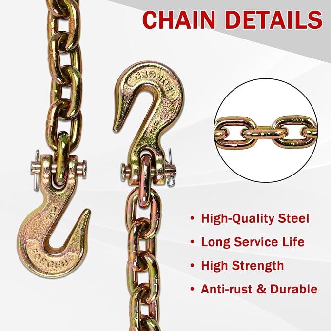 Heavy Duty G80 Transport Binder Chain 3/8'' Inch x 20 Feet,Tow Chain with G70 Clevis Grab Hooks,7100 lbs Safe Working Load Logging Chain for Transporting, Towing(3/8'' x 20FT Yellow).