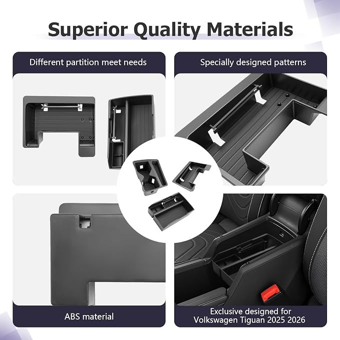 LUWU Center Console Organizer Compatible with 2025 2026 VW T iguan Accessories S/SE/SE R-Line Black/SEL R-Line Armrest Console Organizer & Front Center Console Storage Tray & Cup Holder 3PCS