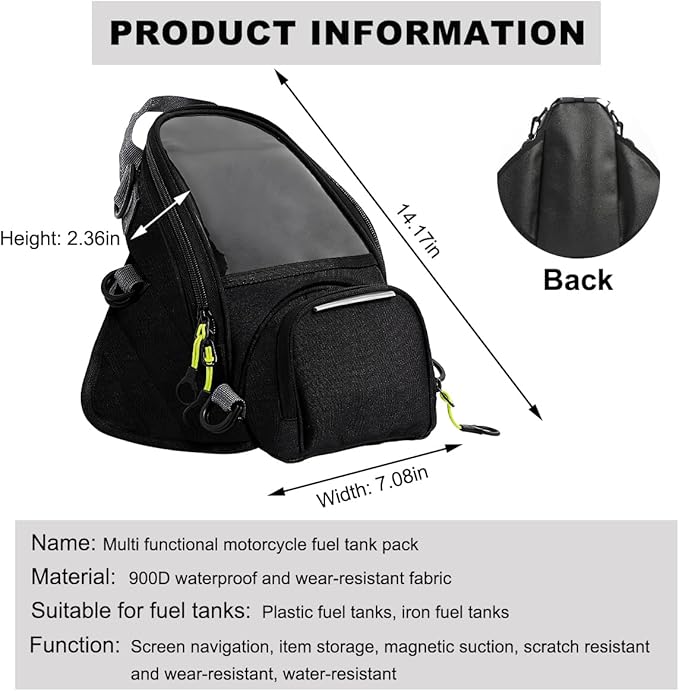 Motorcycle Tank Bag with Waterproof Touch Screen Phone Pouch, Oxford Cloth, Fits Most Motorcycles