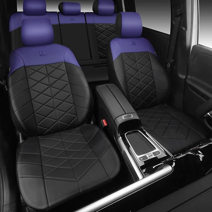 CAR PASS Memory Foam Leather Seat Covers Full Set, Breathable Perforated Nappa Leather Seat Covers Universal Fit for Most Cars,Sedans,SUV,Trucks Thick 3D Foam Comfortable, Airbag Compatible Black Blue