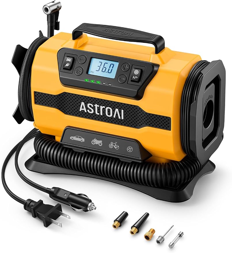 AstroAI Tire Inflator Portable Air Compressor, 150PSI 12V DC/110V AC Air Pump with Dual Metal Motors & LED Light, Two Modes for Car Tires, Bikes, Air Mattresses & Home Use, Compact Design, Yellow
