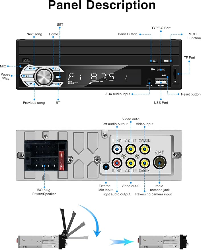 Single-Din-Touchscreen-Radio,Carplay&Android Auto,Car-Stereo-with Backup Camera Bluetooth/FM/RDS Radio/Type-C/USB/SD/MP4/MP5 Player EZoneTronics