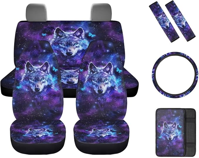 Galaxy Wolf Butterfly Car Interior Accessories Set for Women, 8 Pcs Car Seat Cover Full Set with Car Steering Wheel Cover Auto Center Console Pad Seat Belt Covers