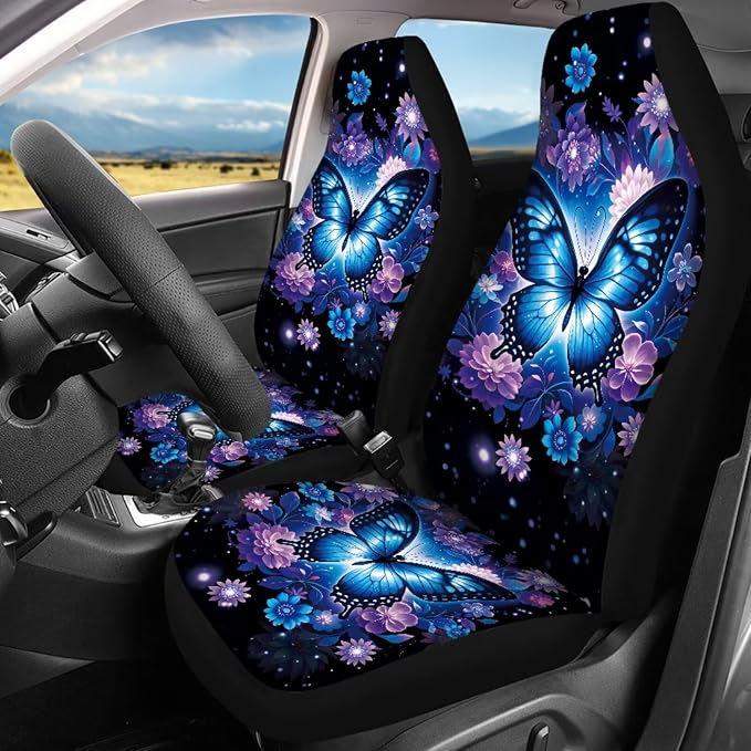 Blue Butterfly Car Seat Covers Full Set of 17 Pcs,Blue Butterfly Car Accessories with Ca Rubber Floor Mats Steering Wheel Cover Armrest Pad Butterflies Automotive Interior Sets,Universal Fit