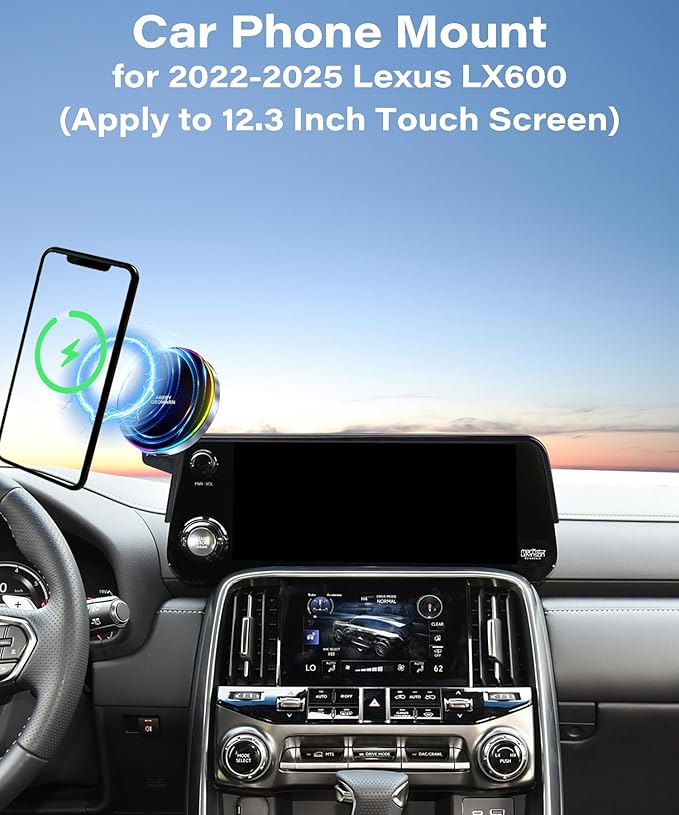 Car Phone Holder for 2022 2023 2024 2025 Lexus LX600 Accessories Apply to 12.3 Inch Touchscreen 15W Fast Wireless Charger Screen Fixed Clip HandsFree Cell Phone Mount 360° Rotation