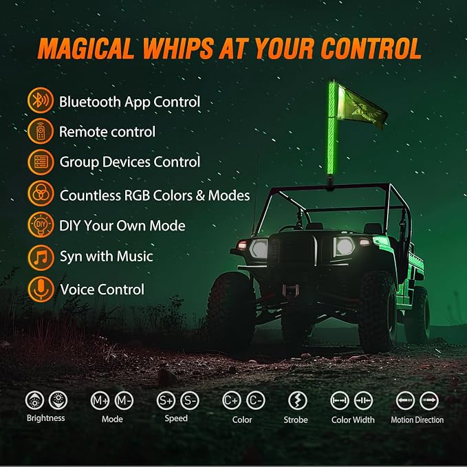 Nilight LED Fat Whip Light 1PC 3FT RGB Lighted Antenna Whips with Remote & App Control DIY Chasing Patterns Brake Reverse Lights for ATV UTV Polaris RZR Can-am Dune Buggy Pickup Trucks Jeep